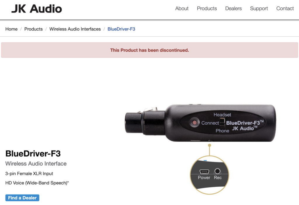 Capture du site internet de JK Audio : BlueDriver-F3 is discontinuted - RIP petit matériel parti bien vite